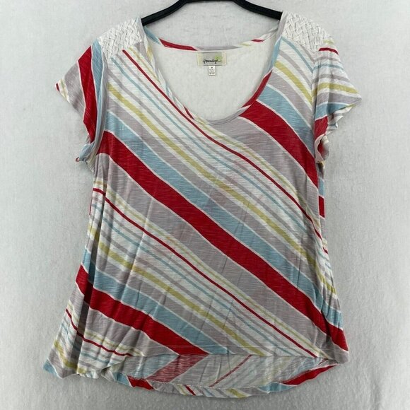 Porridge T-Shirt Women's Sz M Red Yellow Striped Scoop Neck High-Low Hem - Picture 1 of 12